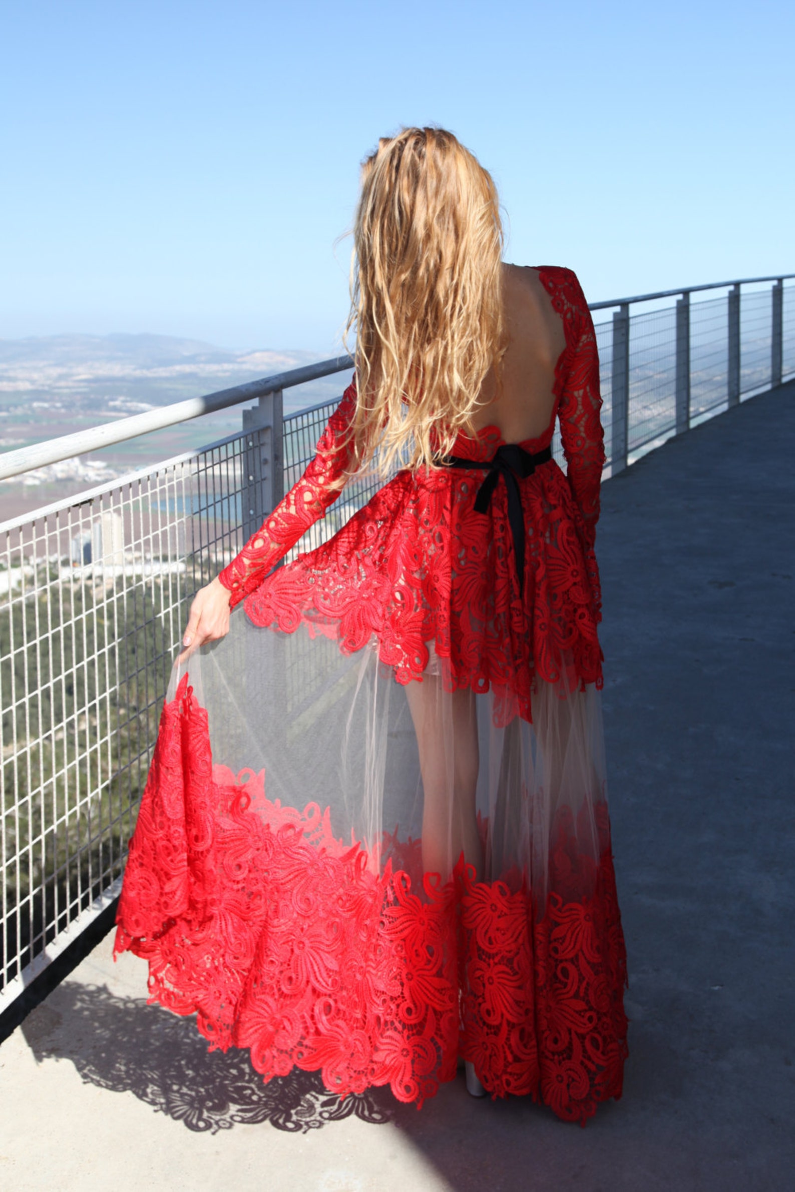 Bohemian Wedding Dress Long Sleeves Red Lace Women's Full Etsy
