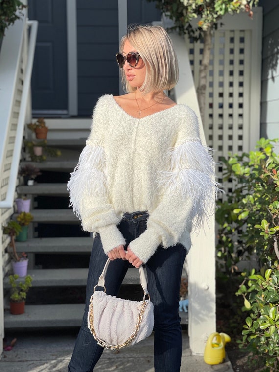 ESENDY Oversized Sweater with Feathers, White Sweater, Holiday Gift for Girlfriend, Gift for Christmas, Last One Left, Size M, Sonya Kirshin