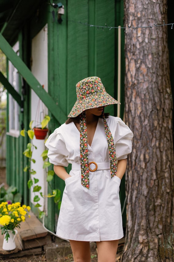 Wide Brim Floral Women Sun Hat Side Ties Bucket Hat Summer Floppy