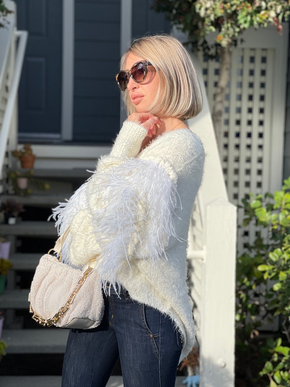 ESENDY Oversized Sweater with Feathers, White Sweater, Holiday Gift for Girlfriend, Gift for Christmas, Last One Left, Size M, Sonya Kirshin