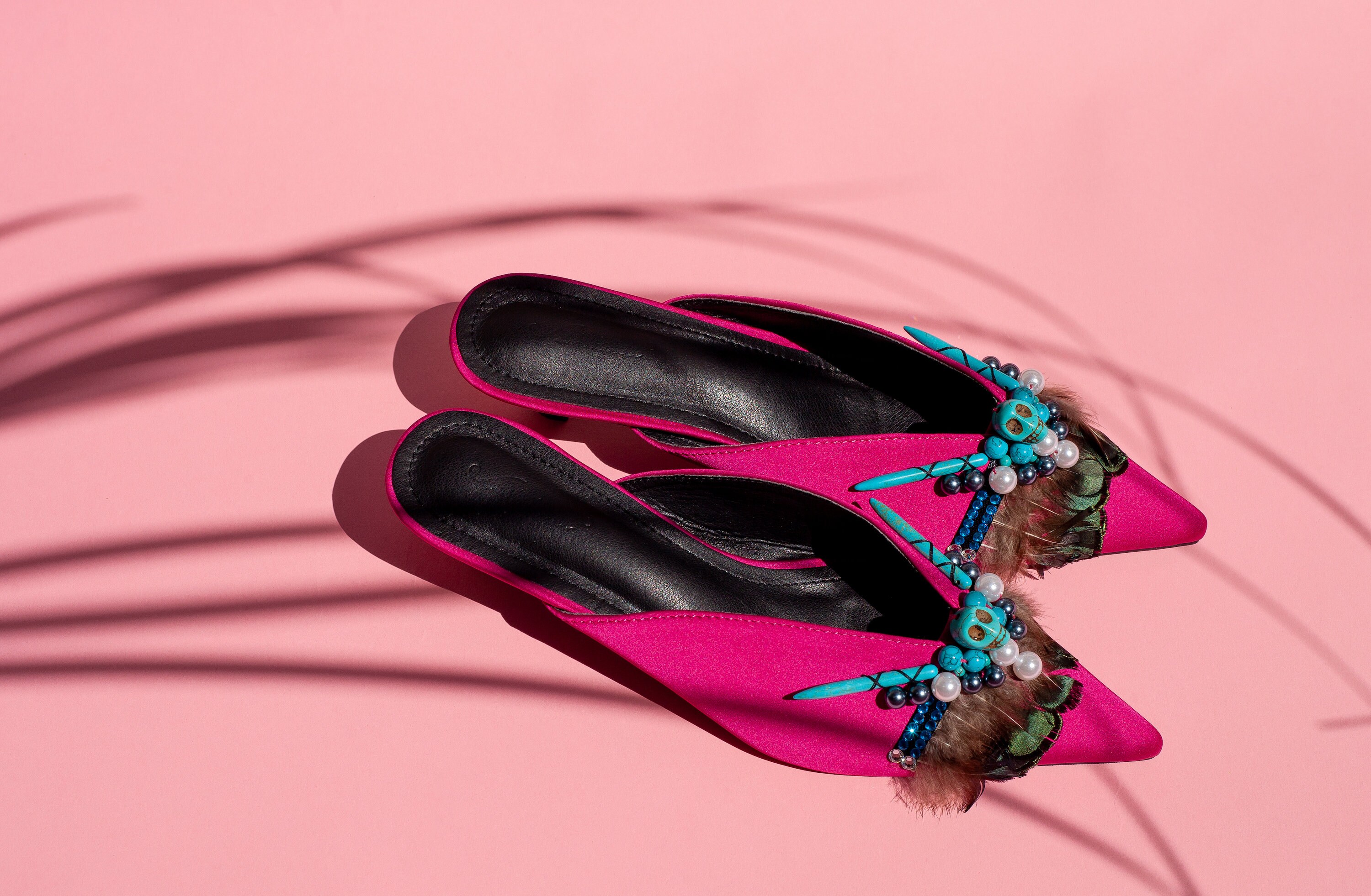 Mules Kitten Heel With Feather Pearls Skulls Prom Shoes | Etsy