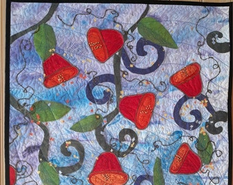 art quilt, impressionist art, trumpet vine on Blue trellis, wall quilt, handmade quilt, hand painted textiles, mixed media art, textile art