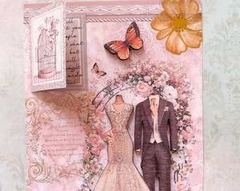 Biglietto Matrimonio Fidanzamento auguri 3D carta e legno A6 pezzo unico