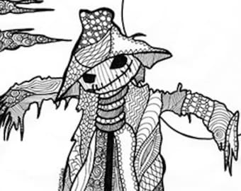 Espantapájaros zentangle página para colorear dibujo para imprimir horror de miedo descarga Halloween álbum adulto relax zen