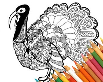 Pavo para colorear, Día de Acción de Gracias, diseño para colorear, dibujo de otoño, otoño, diseño de animales zentangle, papel de pavo