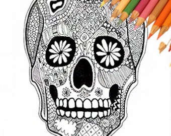 Last minute halloween dia de los muertos skull, day of the dead skull, calaveras printable skull, sugar skull coloring page, skull download