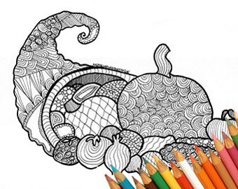 Cornucopia thanksgiving day download coloring page instant download fruits pumpkin thanksgiving dining printable autumn fall zen