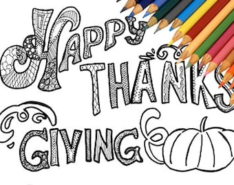 Happy Thanksgiving day download coloring page printable greeting A4 download digital page written 24 november autumn fall pumpkin