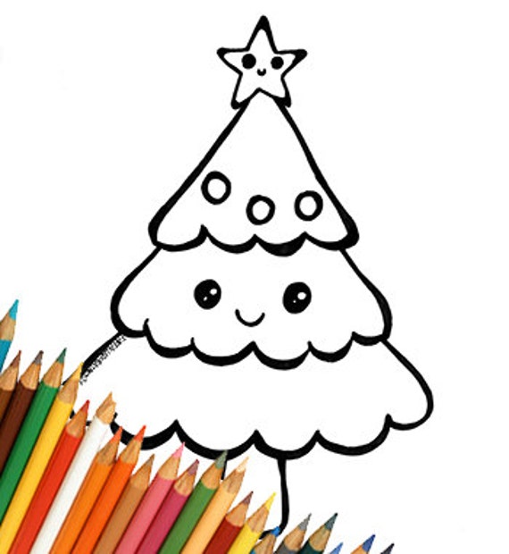 Sapin De Noël De Cute Kawaii Coloriage Enfants Télécharger Modèle Pour Imprimer La Page De Coloriage Simple Facile De Dernière Minute