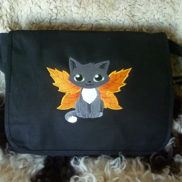 Autumn Cat Bag, Embroidered Autumn cat with Leafy wings, Cute Cat Bag, Embroidered bag, Cat Messenger Bag, Cotton Canvas Bag