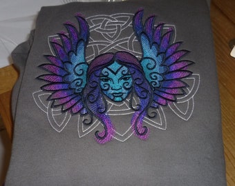 Gaelic Morrigan Hoodie, Morrigan Sweater, Knotwork background, Embroidered Hoodie, Pagan Sweater, Celtic Irish Deity, Unisex Hoody Sweater
