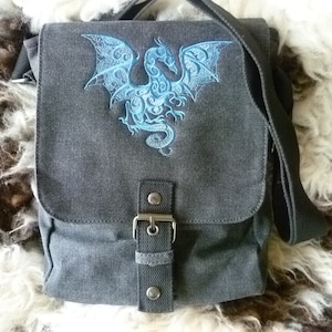 Smoky Dragon Bag, Dragon Tablet Bag, Dragon iPad case, Embroidered bag, Vintage washed canvas padded compartment image 1