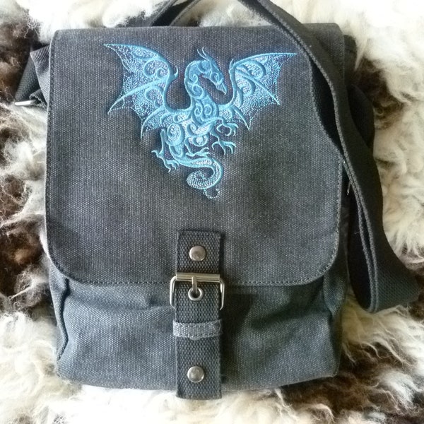 Smoky Dragon Bag, Dragon Tablet Bag, Dragon Ipad case, Embroidered bag, Vintage washed canvas padded compartment