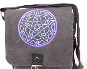 Pentacle Tablet Bag, Ipad case, Embroidered bag, Vintage washed canvas pagan witch bag