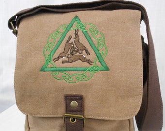 Triple Hares Tablet Bag, Triple HaresPurse, Ipad case, Embroidered bag, Vintage washed canvas