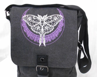 Crescent Moon Moth Tablet Bag, Ipad case, Embroidered bag, Vintage washed canvas