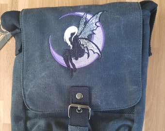 Dark Fae, Night Fairy Tablet Bag, Ipad case, Embroidered bag, Vintage washed canvas Moon Fairy Bag