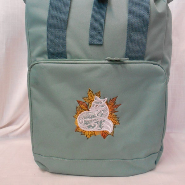 Autumn Fox Roll-Top Rucksack, Backpack, Embroidered Fox, Embroidered bag