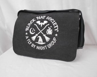 Black Hat Society Messenger Bag, Crossbody Bag, Embroidered, Cotton Canvas Bag