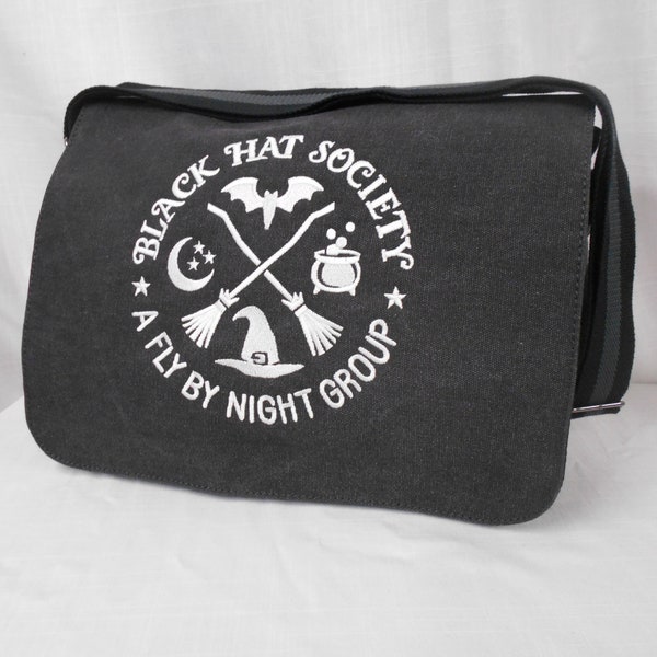 Black Hat Society Messenger Bag, Crossbody Bag, Embroidered, Cotton Canvas Bag