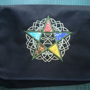 Pentagram Bag, Wiccan Bag, Elemental Bag, Messenger Bag Earth Air Fire Water Spirit witch Canvas embroidered design Wicca