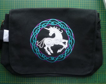 Unicorn Bag, Knotwork Bag, Unicorn Purse, Canvas Messenger Bag, Shoulder Bag Embroidered cotton canvas Horse Mythical Legend