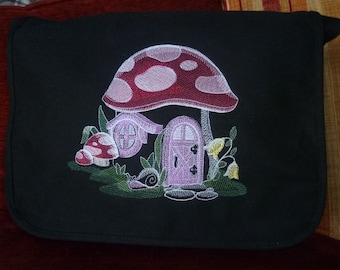 Mushroom Bag, Toadstool Bag, Fairy Huse Bag, embroidered Bag, cotton canvas bag