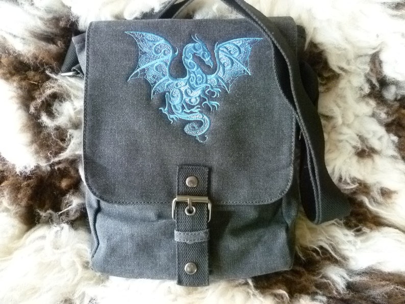 Smoky Dragon Bag, Dragon Tablet Bag, Dragon iPad case, Embroidered bag, Vintage washed canvas padded compartment image 1
