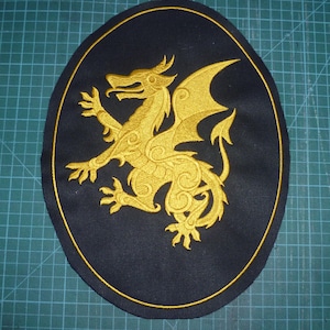 Heraldic Dragon Patch, Rampant Dragon Tabard patch,  LARP, SCA, Re-enactment, Oval patch, Stitched in Gold on Black Drill fabric