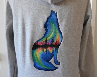 Wolf Hoodie, PREMIUM Zoodie, Aurora Borealis Wolf Hoodie, Geborduurd ontwerp, PREMIUM ZOODIE, noorderlicht, Wolf Jacket