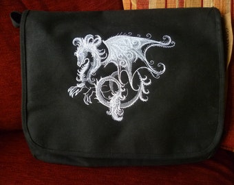 Frost Dragon Bag, Dragon Bag, Icy Dragon Messenger Bag Cotton Canvas embroidered design