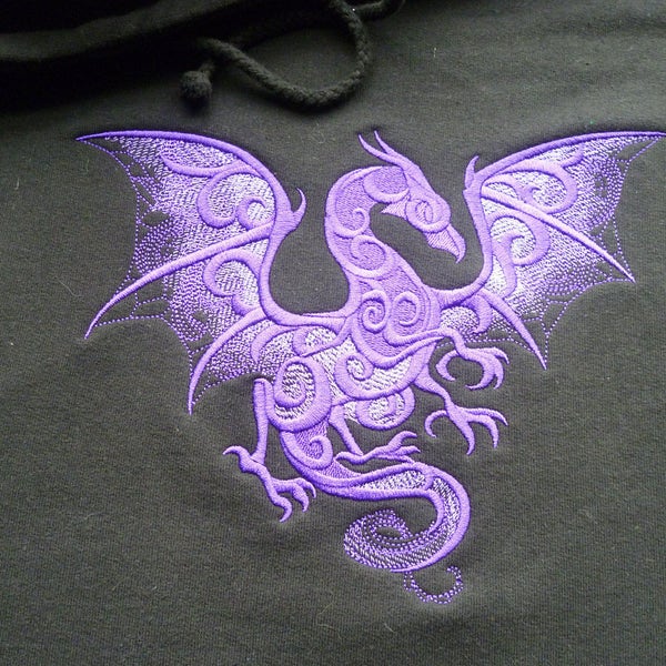 Smoky Dragon Hoodie, Dragon Hoody, Dragon Sweater, Embroidered Hoodie, Fantasy Smokey baroque Lacy Purple Lilac, 5XL