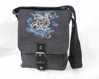 Rocky Dragon Tablet Tasche, Ipad Tasche, Gestickte Drachen Tasche, Vintage gewaschene Leinwand