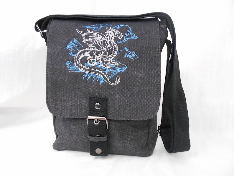 Rocky Dragon Tablet Bag, iPad case, Embroidered Dragon bag, Vintage washed canvas image 1