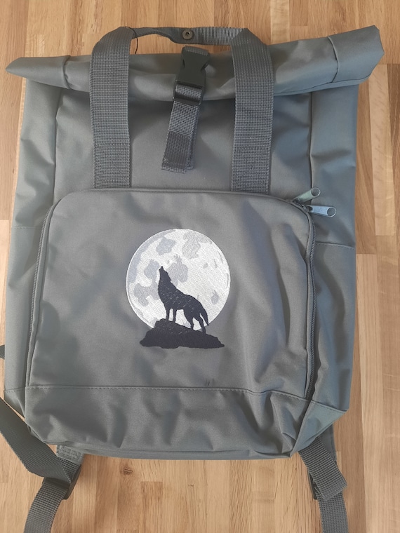 Huilende wolf Roll Top Rugzak Rugzak Wolf Maan Geborduurde Tas Etsy Nederland