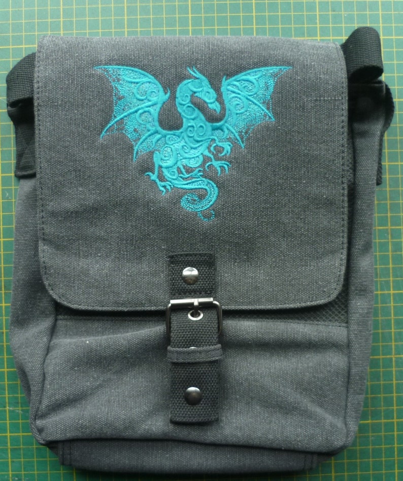 Smoky Dragon Bag, Dragon Tablet Bag, Dragon iPad case, Embroidered bag, Vintage washed canvas padded compartment image 6