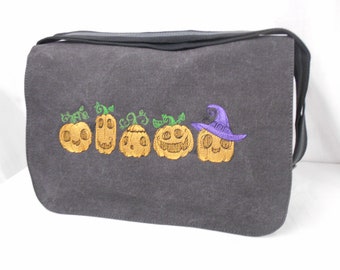 Row of Pumpkins Messenger Bag, Crossbody Bag, Pumpkin Embroidered bag , Cotton Canvas Bag Halloween