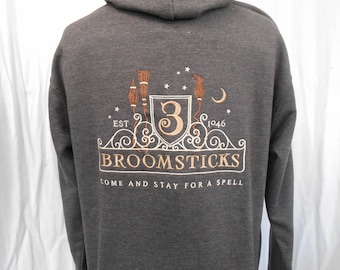 3 Broomsticks Zip Up Hoodie, Embroidered Hoodie, Heavy Hoodie S - 5XL
