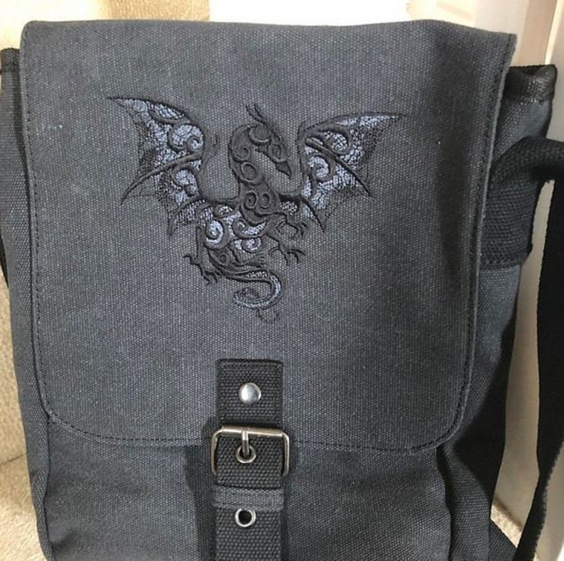 Smoky Dragon Bag, Dragon Tablet Bag, Dragon iPad case, Embroidered bag, Vintage washed canvas padded compartment image 8