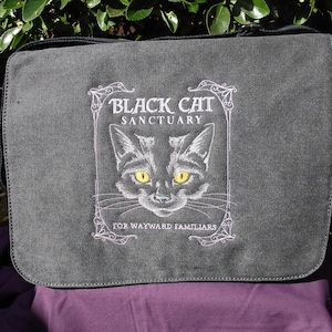 Black cat sanctuary Messenger Bag, Crossbody Bag, Black Cat Embroidered, Cotton Canvas Bag