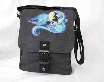 Starry Night witch Tablet Bag, Ipad case, Embroidered bag, Vintage washed canvas