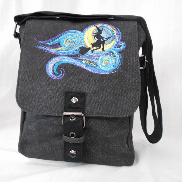 Starry Night witch Tablet Bag, Ipad case, Embroidered bag, Vintage washed canvas