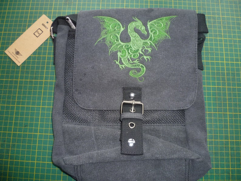 Smoky Dragon Bag, Dragon Tablet Bag, Dragon iPad case, Embroidered bag, Vintage washed canvas padded compartment image 4