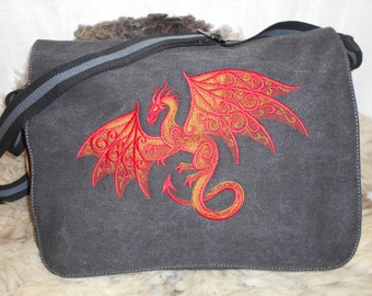 Filigree Dragon Messenger Bag, Crossbody Bag, Embroidered, Cotton Canvas Dragon Bag