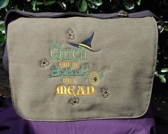 This Witch can be Bribed with Mead Messenger Bag, Crossbody Bag, Embroidered, Cotton Canvas Bag