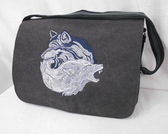 ying yang Wolf Messenger Bag, Crossbody Bag, Embroidered wolves, Cotton Canvas Bag
