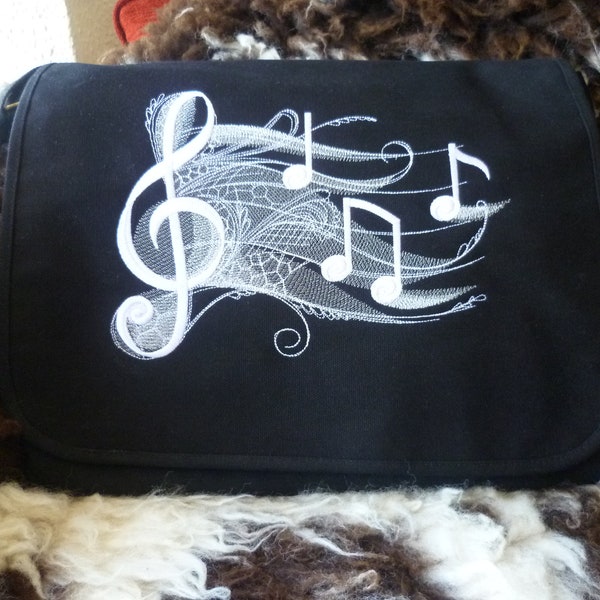 Music Bag, Musical Notes Bag, Cotton Canvas Shoulder Bag Embroidered Music Musican Sheet music staves treble clef