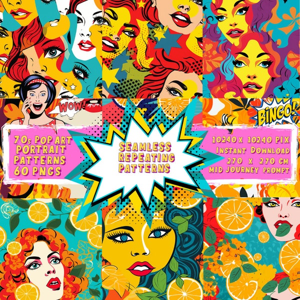 70s Pop Art, Portrait Themed Seamless PNG Patterns + "Mid Journey" Prompt – Pack of 60