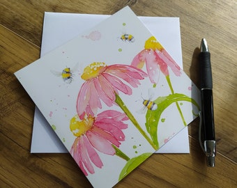 Echinacea and bees floral design. Blank greetings card suitable for any occasion.