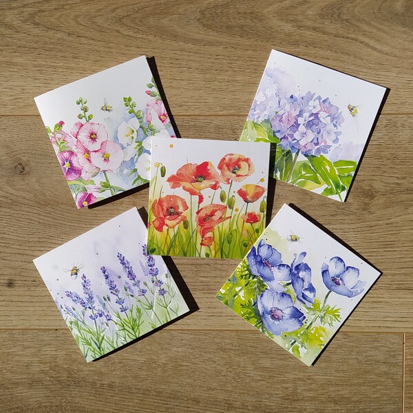 Selection of floral greeting cards/blank for any occasion. Anemones, hollyhock, hydrangea, red field poppies and lavender with bee